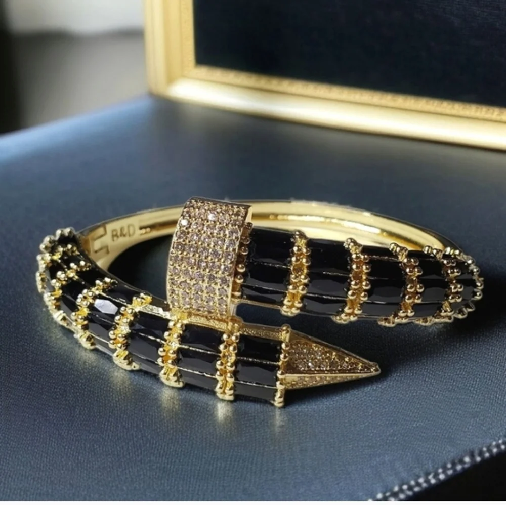 Chunky Luxury 18k Gold Plated Onyx Zircon Crystal Bracelet